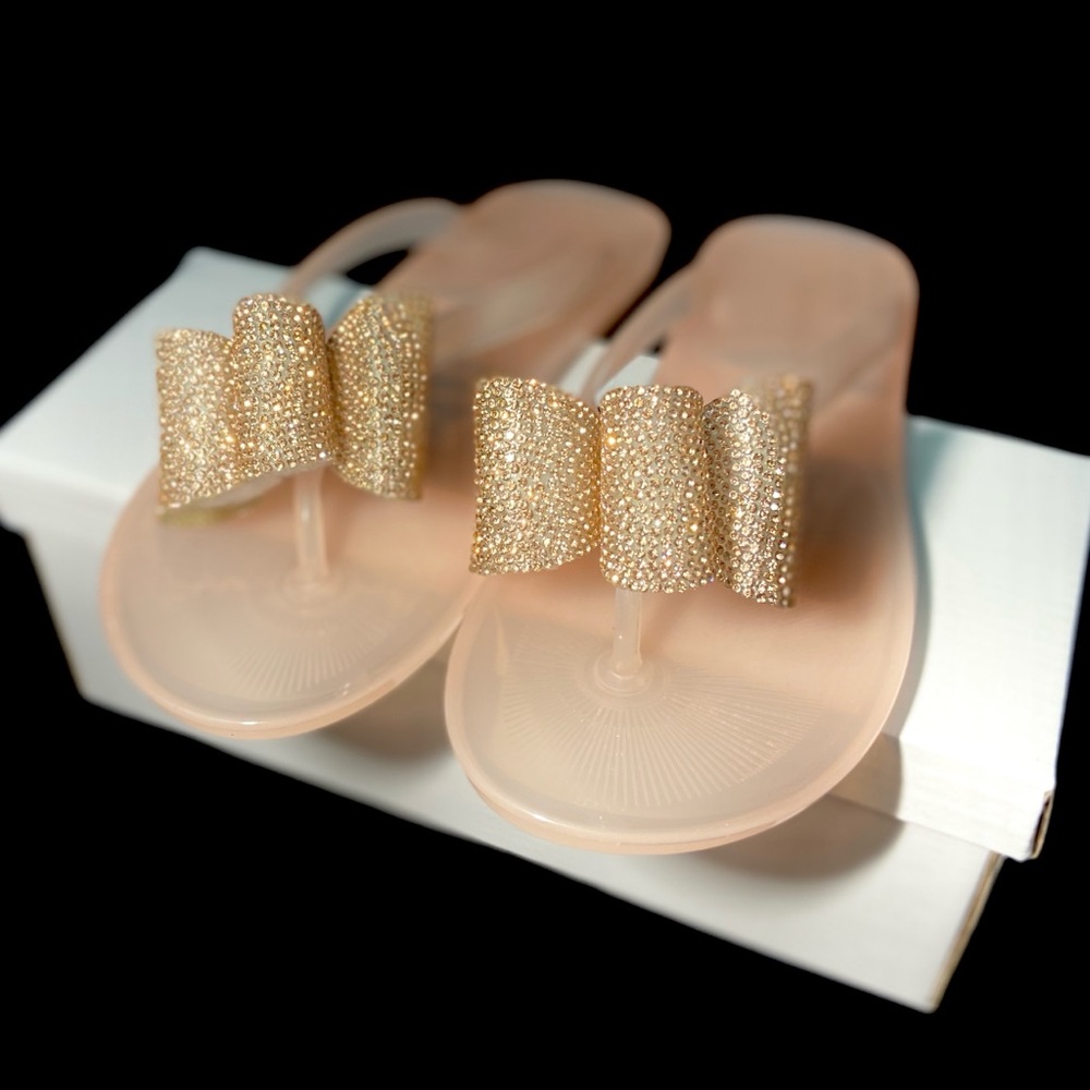 Nude Thong Open Toe Crystal Bow Jelly Sand…